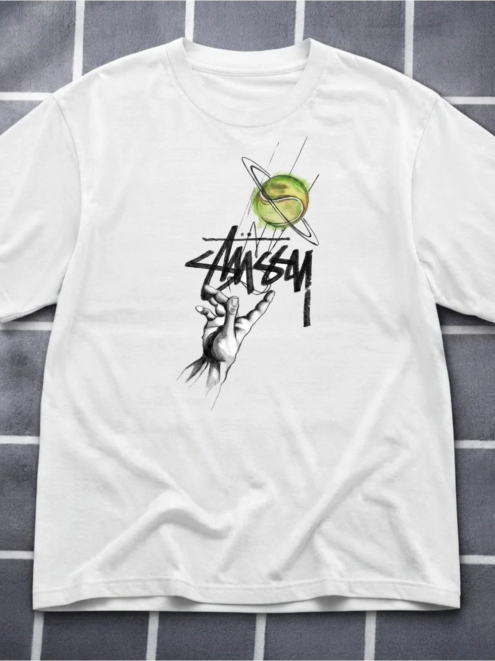 Gildan Stussy White Short-Sleeve Tee with Black Script and Green Planet Graphic